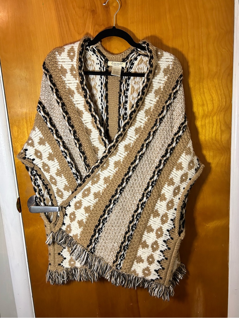 Cocogio Tan, Black & Cream Patterned Shawl Poncho ~ Made in Italy